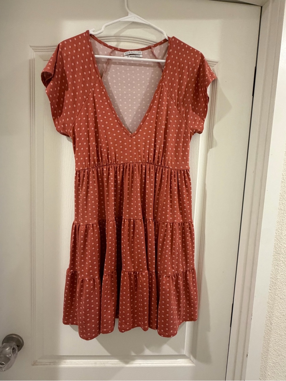 Urban Outfitters Rust Pink Polka Dot Tiered V-Neck Midi Dress